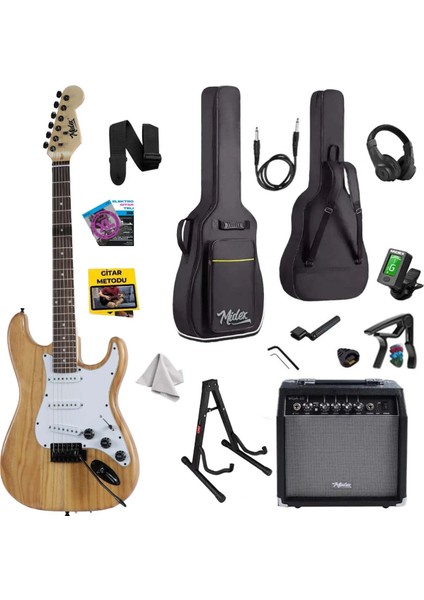 RPH-320WD-35AMP Ahşap Renk Strat Kasa SSS 35W Amfili Elektro Gitar Seti