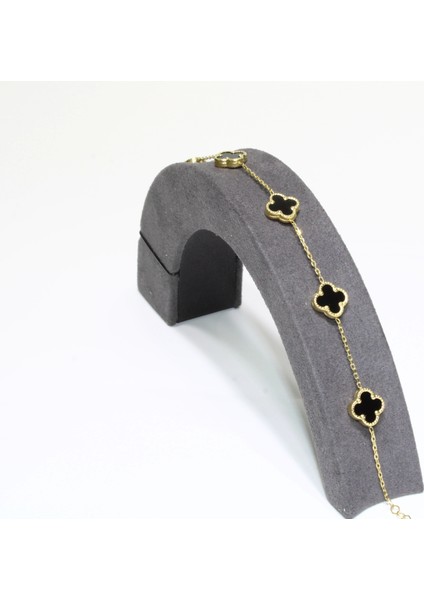 14 Ayar Altın 5 Yoncalı Siyah Taşlı Bileklik