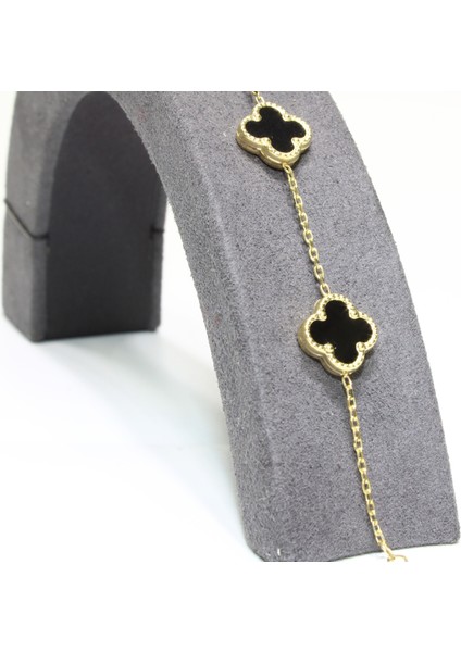 14 Ayar Altın 5 Yoncalı Siyah Taşlı Bileklik fiyatları