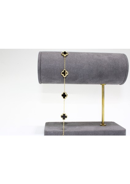 14 Ayar Altın 5 Yoncalı Siyah Taşlı Bileklik modelleri