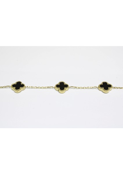 14 Ayar Altın 5 Yoncalı Siyah Taşlı Bileklik