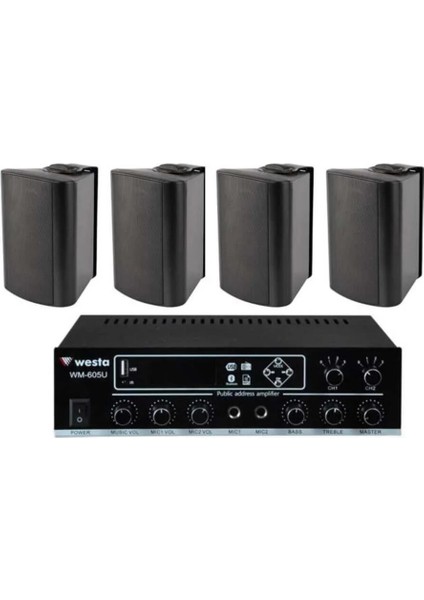 4 Adet 6,5'' Profesyonel Cafe, Okul , Mağaza Ses Sistemi, Amfi ve Hoparlör Hazır Set Siyah