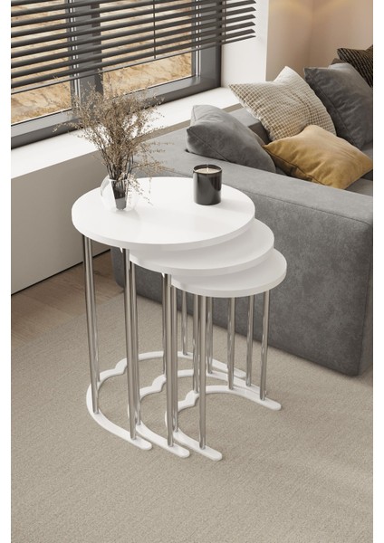 3' Lü Zigon Sehpa Gümüş Ayak Beyaz 18 mm Mdf
