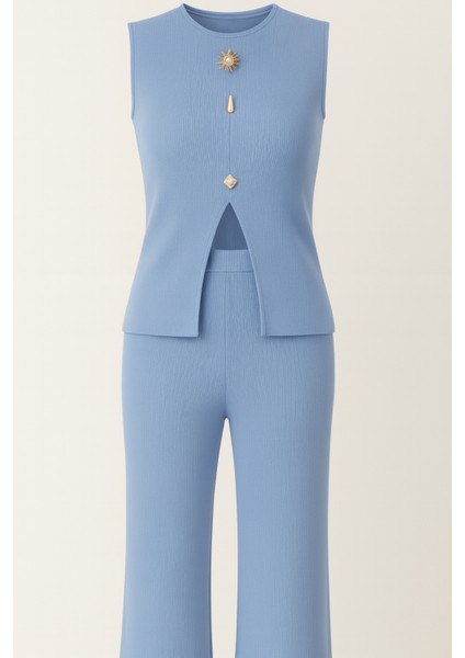 Bisiklet Yaka Gold Düğmeli Ottoman Bluz ve Regular pantolon Takım modelleri