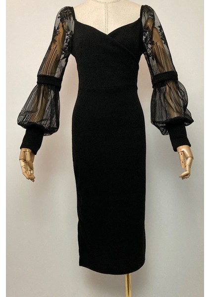 M1991 Kol Detaylı Kruvaze Örme Elbise Siyah