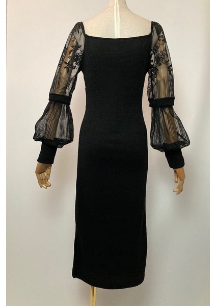 M1991 Kol Detaylı Kruvaze Örme Elbise Siyah