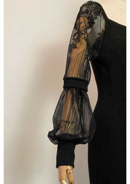 M1991 Kol Detaylı Kruvaze Örme Elbise Siyah fırsatları