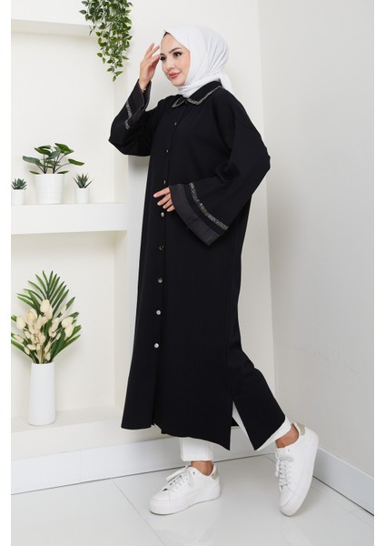 Kadın Şerit Detaylı Salaş Merserize Triko Ferace Hırka -PMK456