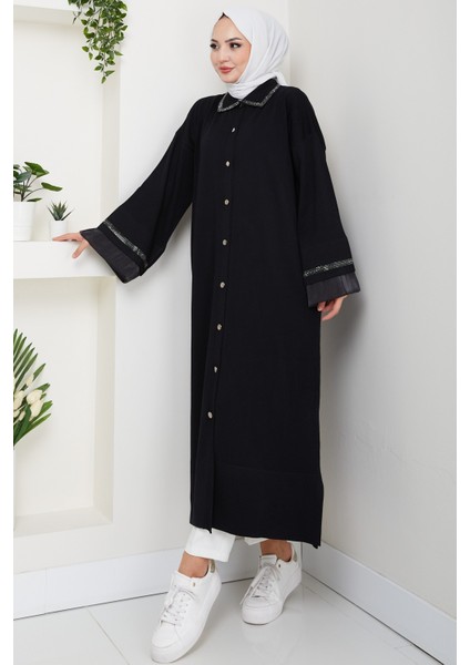 Kadın Şerit Detaylı Salaş Merserize Triko Ferace Hırka -PMK456 fiyatları