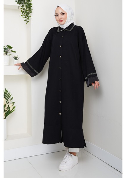 Kadın Şerit Detaylı Salaş Merserize Triko Ferace Hırka -PMK456 modelleri