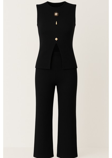 Bisiklet Yaka Gold Düğmeli Ottoman Bluz ve Regular pantolon Takım fırsatları