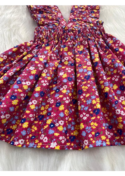 Kız Çocuk Bordo Çiçekli Fiyonklu Fırfır Askılı Salopet Elbise (%100 Pamuk Kumaştan Üretilmiştir.) fiyatları