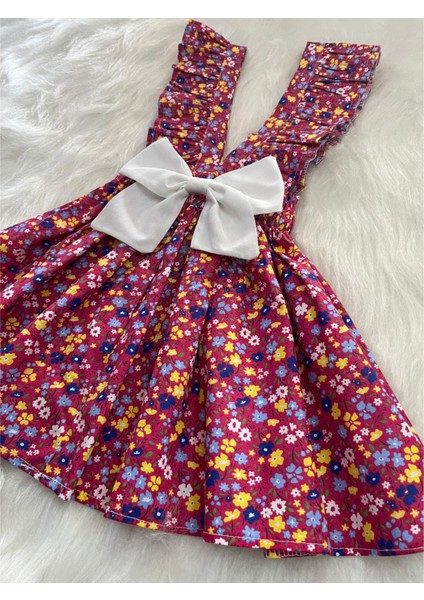 Kız Çocuk Bordo Çiçekli Fiyonklu Fırfır Askılı Salopet Elbise (%100 Pamuk Kumaştan Üretilmiştir.) fırsatları