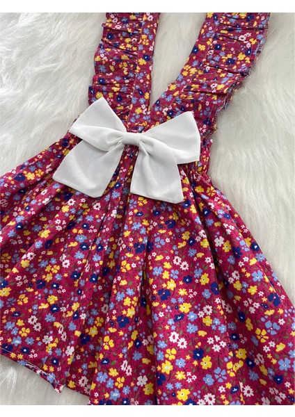 Kız Çocuk Bordo Çiçekli Fiyonklu Fırfır Askılı Salopet Elbise (%100 Pamuk Kumaştan Üretilmiştir.) indirimleri