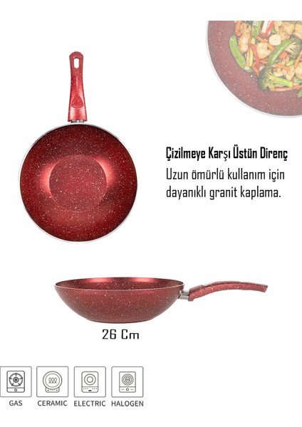 Granit Kırmızı Wok Tava | 26 cm | Yapışmaz Yüzey modelleri