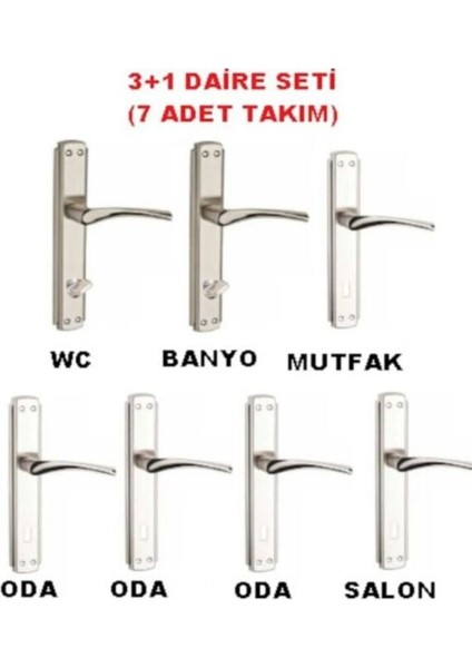 Bravo Nikel Kapı Kolu Aynalı 3+1 Daire Seti 5 Adet Oda 2ADET Wc Ön Arka Takım