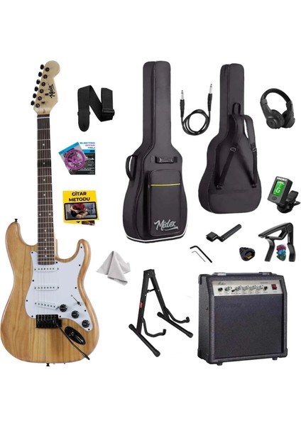 RPH-320WD-30AMP Ahşap Renk Strat Kasa SSS 30W Amfili Elektro Gitar Seti