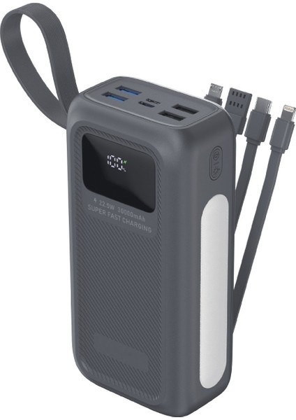 30.000 Mah Hızlı Şarj Kamp Işıklı 4x USB 1xtype-C 1xmicro Çıkışlı Çoklu Kablolu LED Panel Powerbank