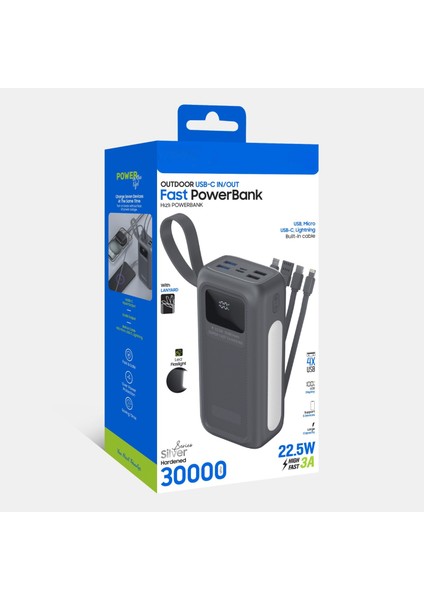 30.000 Mah Hızlı Şarj Kamp Işıklı 4x USB 1xtype-C 1xmicro Çıkışlı Çoklu Kablolu LED Panel Powerbank fiyatları