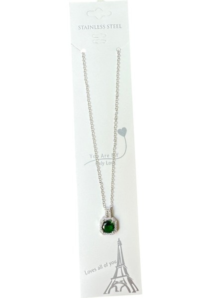 Gümüş Renk Kare Yeşil Taş Sf Zincir Çelik Kolye - 3660 modelleri