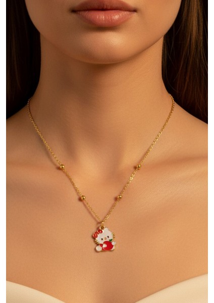 Altın Renk Hello Kitty Kedi Model Top Zincir Çelik Kolye - 3689