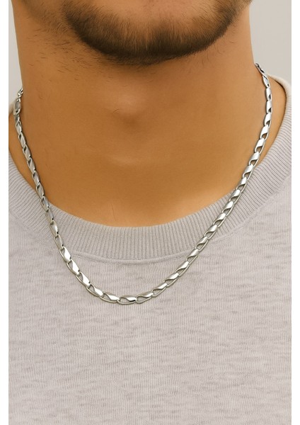 Gümüş Renk Kesik Arpa Unisex Çelik Kolye - 3350