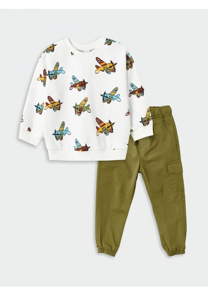 Lcw Baby Ekru Bisiklet Yaka Baskılı Erkek Bebek Sweatshirt ve Pantolon 2'li Takım