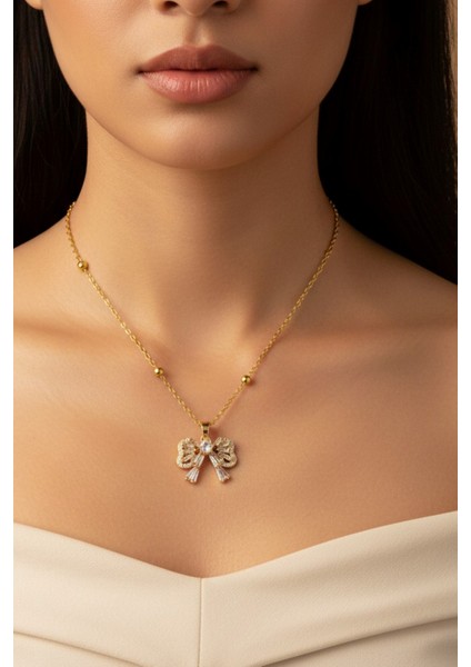 Altın Renk Baget Fiyonk Model Top Zincir Çelik Kolye - 3692