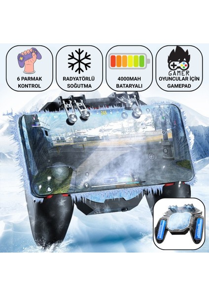 6 Parmak Kontrollü Radyatörlü Soğutmalı 4000MAH Bataryalı Profesyonel Oyun Gamepadi – Pubg, Cod, Free Fire ve Tüm Mobil Oyunlar Için