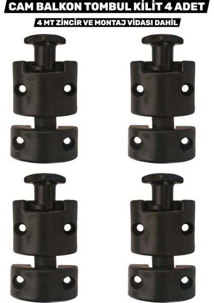 Tombul Model Cam Balkon 4’lü Kilit Seti Zincir ve Vidalar Dahil