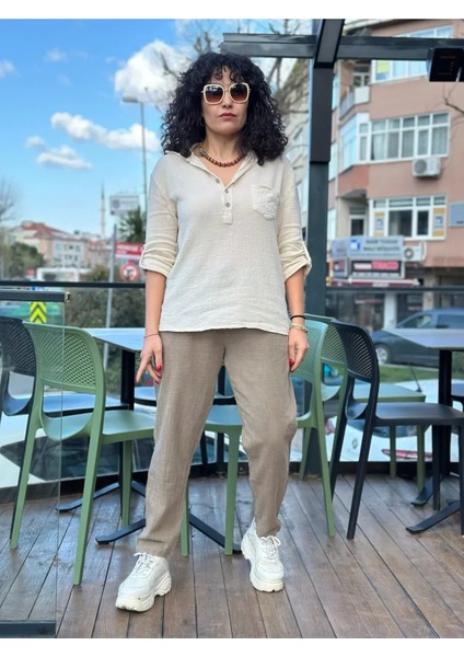 Kadın Gömlek Petek Doku Oversize Kesim Kolları Düğme Detay Gömlek Yaka %100 Pamuk Premium Dokuma