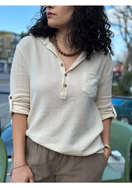 Kadın Gömlek Petek Doku Oversize Kesim Kolları Düğme Detay Gömlek Yaka %100 Pamuk Premium Dokuma fırsatları