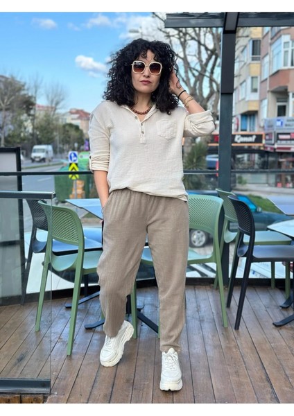 Kadın Gömlek Petek Doku Oversize Kesim Kolları Düğme Detay Gömlek Yaka %100 Pamuk Premium Dokuma indirimleri