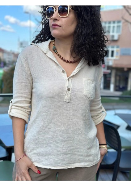 Kadın Gömlek Petek Doku Oversize Kesim Kolları Düğme Detay Gömlek Yaka %100 Pamuk Premium Dokuma