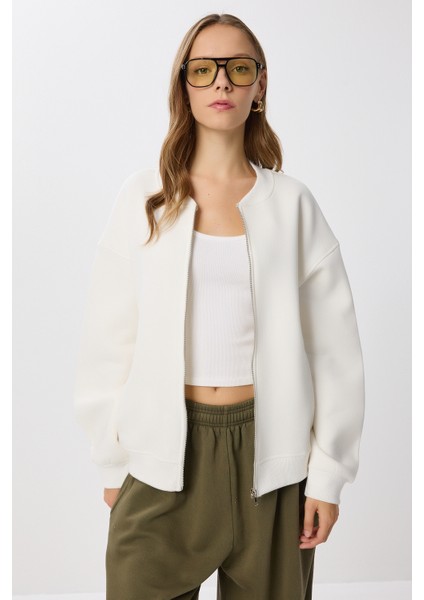 Fermuarlı Şardonlu Örme Sweatshirt LAN0066 Ekru fırsatları