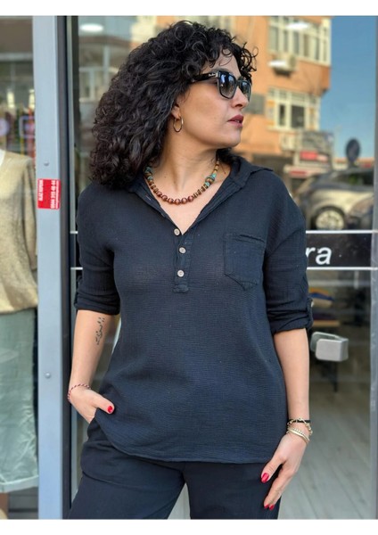 Kadın Gömlek Petek Doku Oversize Kesim Kolları Düğme Detay Gömlek Yaka %100 Pamuk Premium Dokuma fırsatları