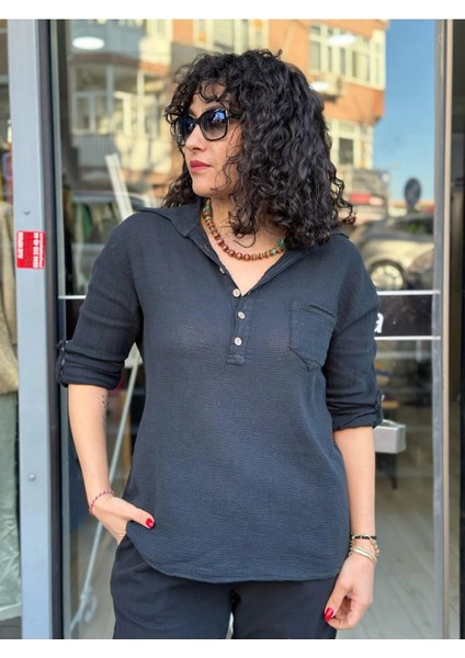 Kadın Gömlek Petek Doku Oversize Kesim Kolları Düğme Detay Gömlek Yaka %100 Pamuk Premium Dokuma indirimleri