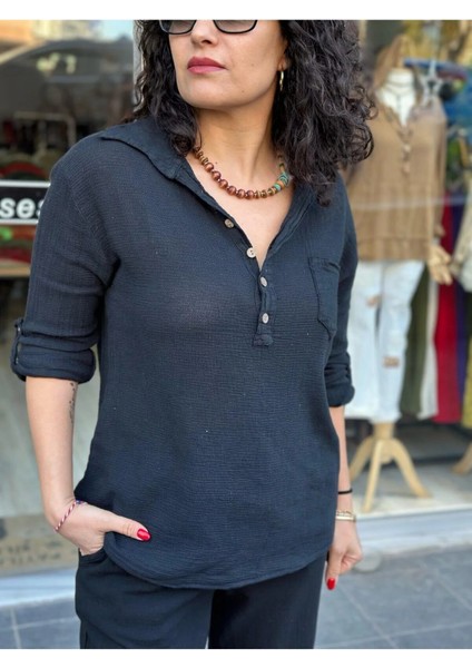 Kadın Gömlek Petek Doku Oversize Kesim Kolları Düğme Detay Gömlek Yaka %100 Pamuk Premium Dokuma