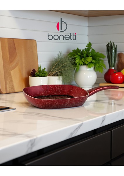 28 cm Kırmızı Granit Grill Tava | Yapışmaz Yüzey | Kare Izgara Tava