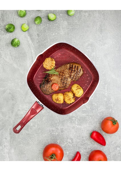 28 cm Kırmızı Granit Grill Tava | Yapışmaz Yüzey | Kare Izgara Tava fiyatları