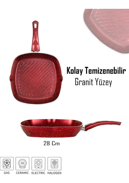 28 cm Kırmızı Granit Grill Tava | Yapışmaz Yüzey | Kare Izgara Tava fırsatları