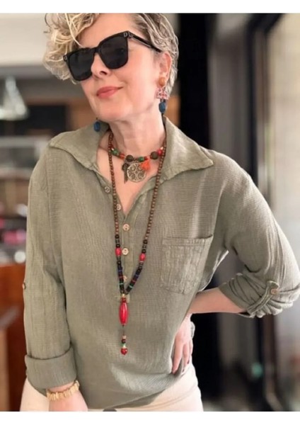 Kadın Gömlek Petek Doku Oversize Kesim Kolları Düğme Detay Gömlek Yaka %100 Pamuk Premium Dokuma modelleri