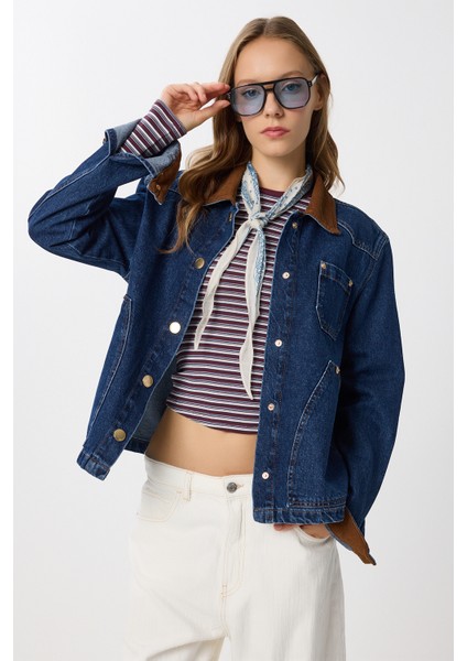 Kadife Yaka Denim Ceket LRW0003 Koyu Mavi