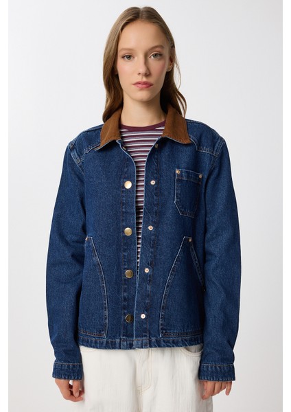 Kadife Yaka Denim Ceket LRW0003 Koyu Mavi modelleri