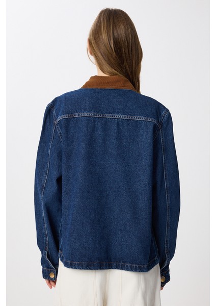 Kadife Yaka Denim Ceket LRW0003 Koyu Mavi indirimleri