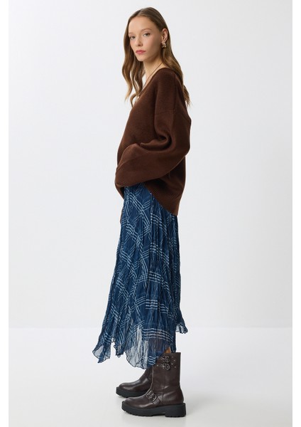 Desenli Kırışık Efektli Midi Şifon Etek LNS0082 Lacivert