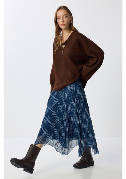 Desenli Kırışık Efektli Midi Şifon Etek LNS0082 Lacivert fiyatları