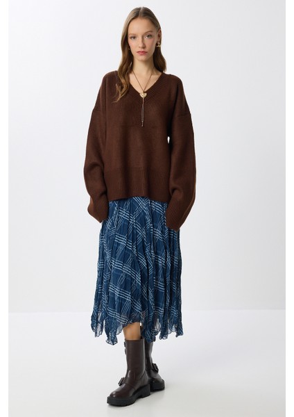 Desenli Kırışık Efektli Midi Şifon Etek LNS0082 Lacivert modelleri