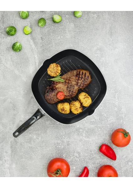 28 cm Siyah Granit Grill Tava | Yapışmaz Yüzey | Kare Izgara Tava fiyatları