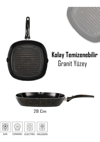 28 cm Siyah Granit Grill Tava | Yapışmaz Yüzey | Kare Izgara Tava fırsatları
